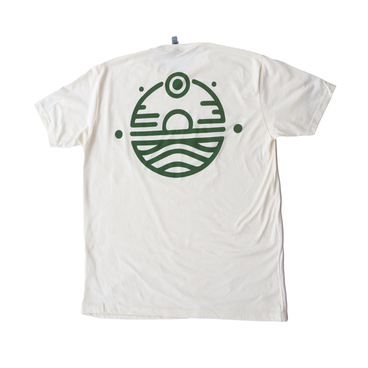 Green Seven Suns Logo on Sand colored shirt