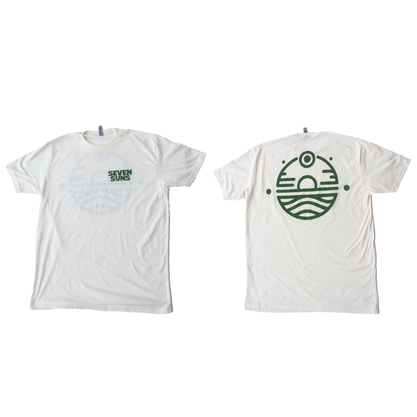Green Seven Suns Logo on Sand colored shirt